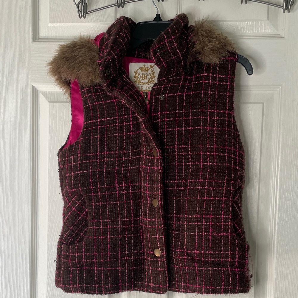 Wet Seal Plaid Knit Vest With Detachable Fur Lined Hood Y2K Vintage